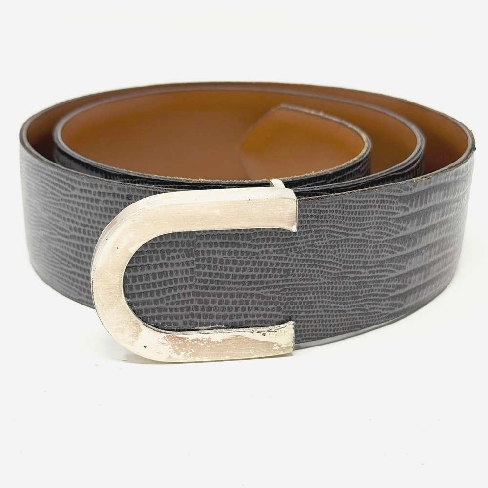 Cipriani Gray/Black Lizard Grain Leather Belt Silver Horseshoe Buckle Spain M